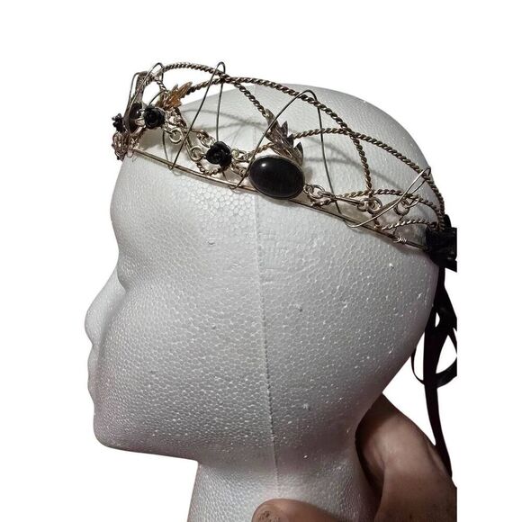 Handcrafted Custom Sterling Silver Circlet Crown with Black Onyx Cabachon and Ro